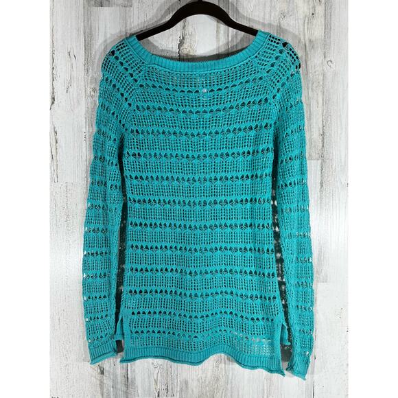 Aeropostale Womens Tunic Sweater Size Small (XXS) Teal Blue Open Knit Hi Low Hem - Picture 2 of 8